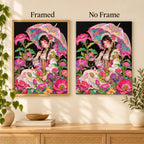 Framed and no-frame comparison for Girl Under Floral Umbrella with Black Cat Diamond Painting Kit.