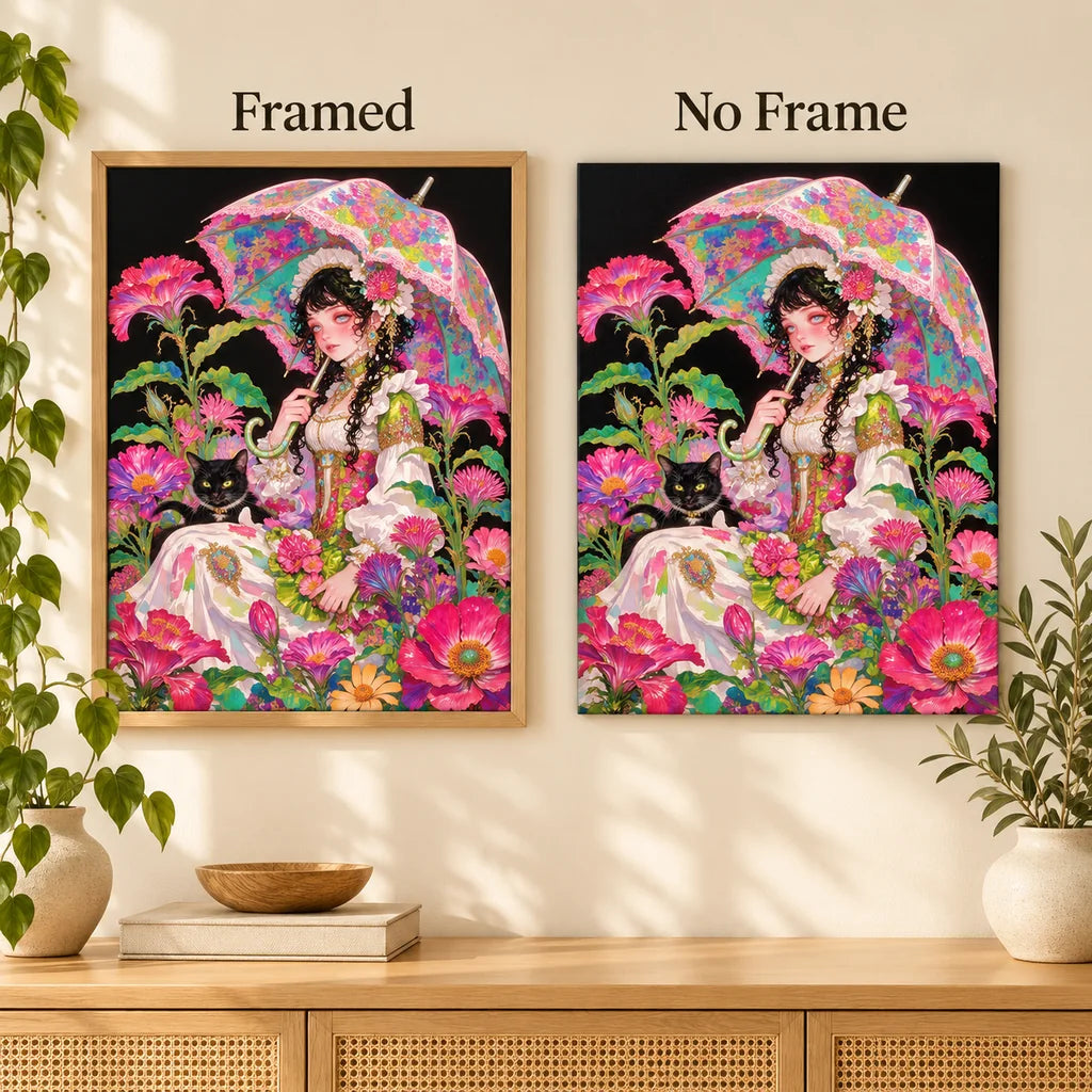 Framed and no-frame comparison for Girl Under Floral Umbrella with Black Cat Diamond Painting Kit.