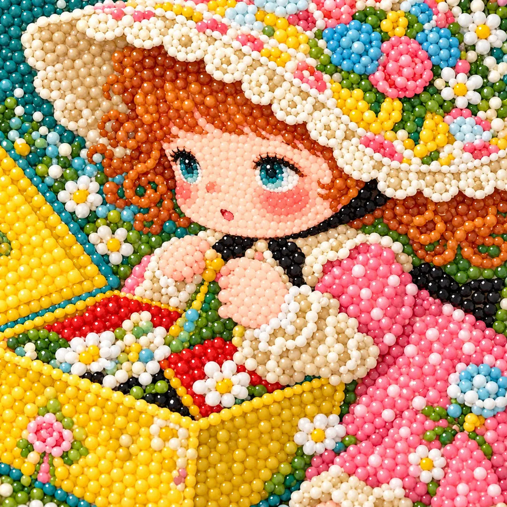 Close-up diamond drill detail of a girl in a flower hat beside an open box
