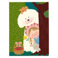 White-background original artwork of a child in a fluffy sheep hood holding a rabbit beside a leafy tree for a diamond painting kit