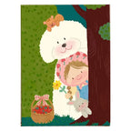 White-background original artwork of a child in a fluffy sheep hood holding a rabbit beside a leafy tree for a diamond painting kit