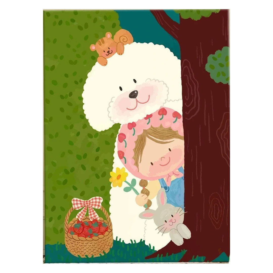 White-background original artwork of a child in a fluffy sheep hood holding a rabbit beside a leafy tree for a diamond painting kit