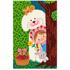 White-background finished diamond painting of a child in a fluffy sheep hood with rabbits, a flower basket, and leafy trees