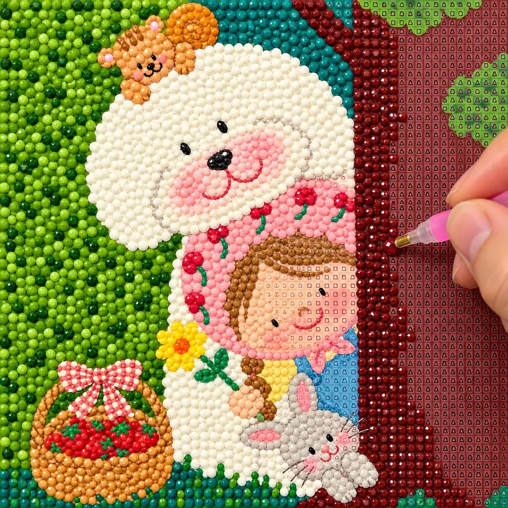 Diamond painting process showing a child in a sheep hood with rabbits being completed with a stylus