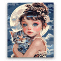 Girl with Kitten under the Moon paint by numbers artwork on a front-facing canvas against a white background
