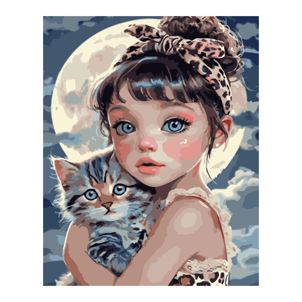 Girl with Kitten under the Moon completed artwork on a clean white background