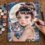 Complete Girl with Kitten under the Moon numbered canvas being painted with acrylic paints and brushes