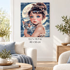 Girl with Kitten under the Moon shown in a styled room with 15.7 × 19.7 in and 40 × 50 cm dimensions