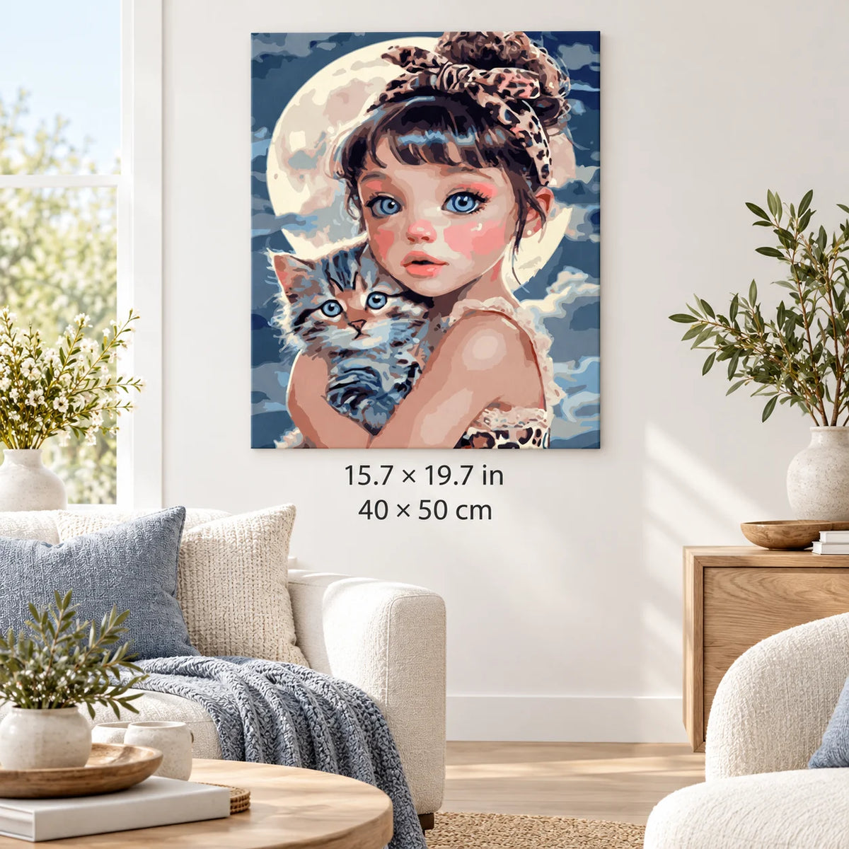 Girl with Kitten under the Moon shown in a styled room with 15.7 × 19.7 in and 40 × 50 cm dimensions