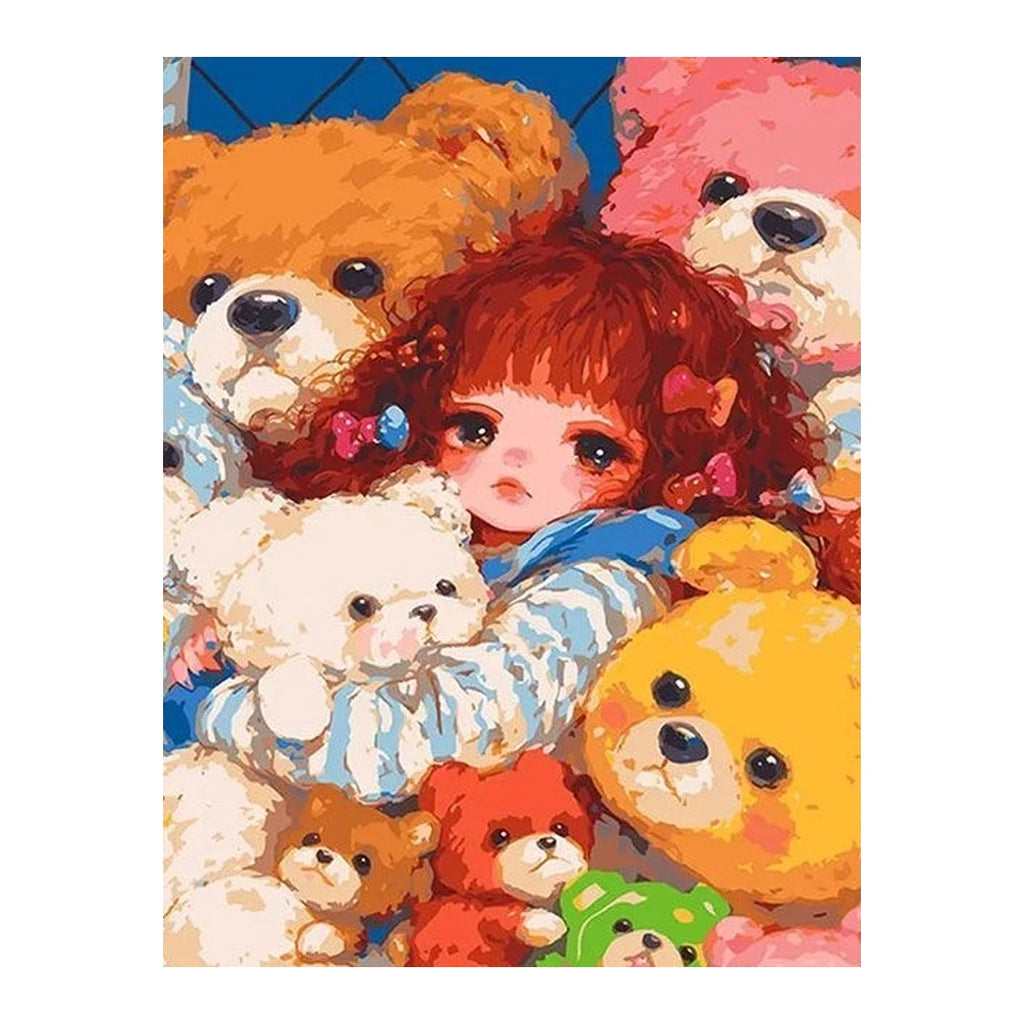 White-background original artwork of a girl nestled among a colorful pile of teddy bears