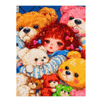 White-background diamondized artwork of a girl nestled among a colorful pile of teddy bears