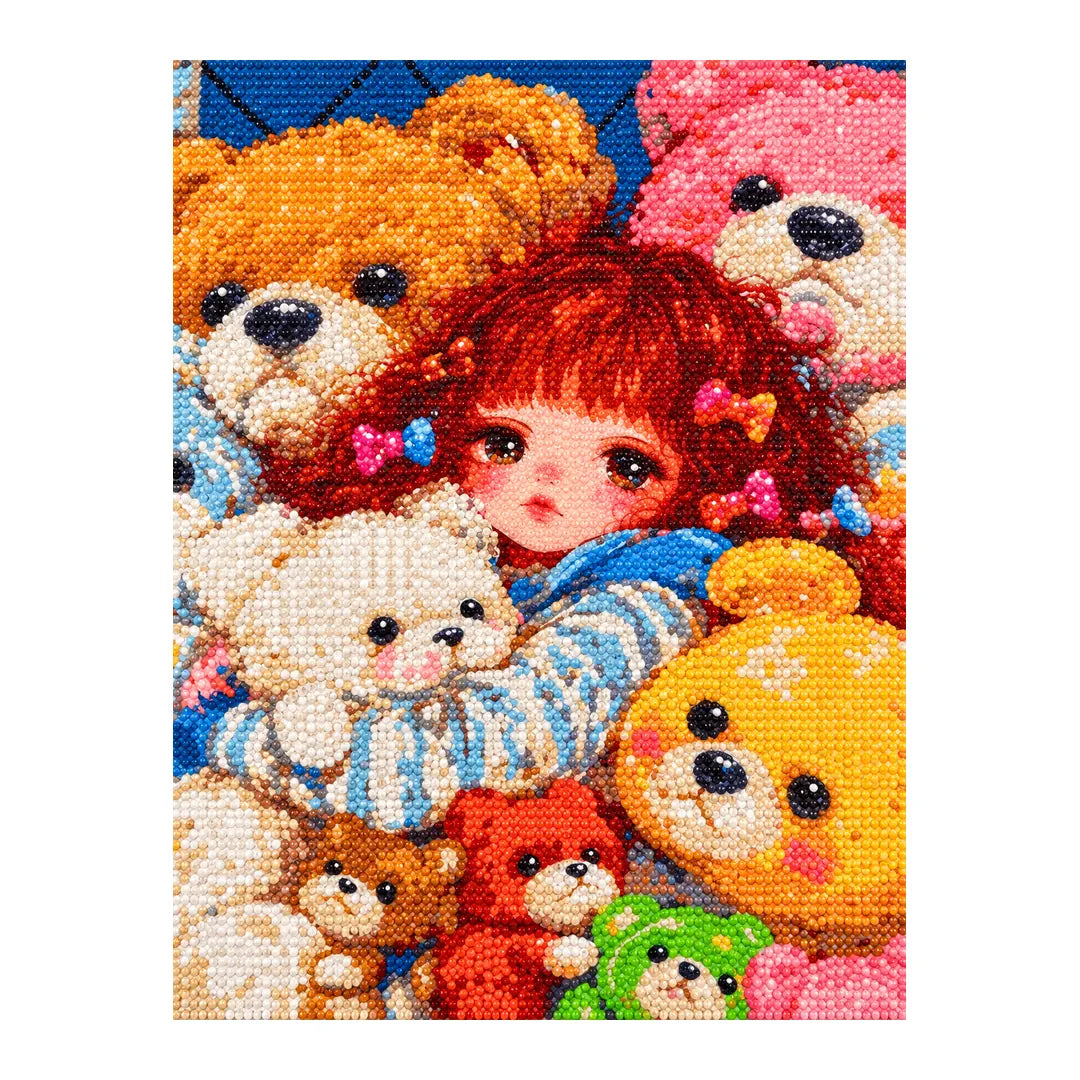 White-background diamondized artwork of a girl nestled among a colorful pile of teddy bears
