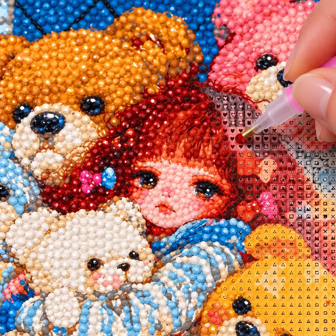 Diamond painting process showing a girl surrounded by teddy bears being completed with a stylus