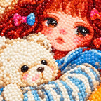 Close-up diamond drill detail of a girl and plush teddy bears