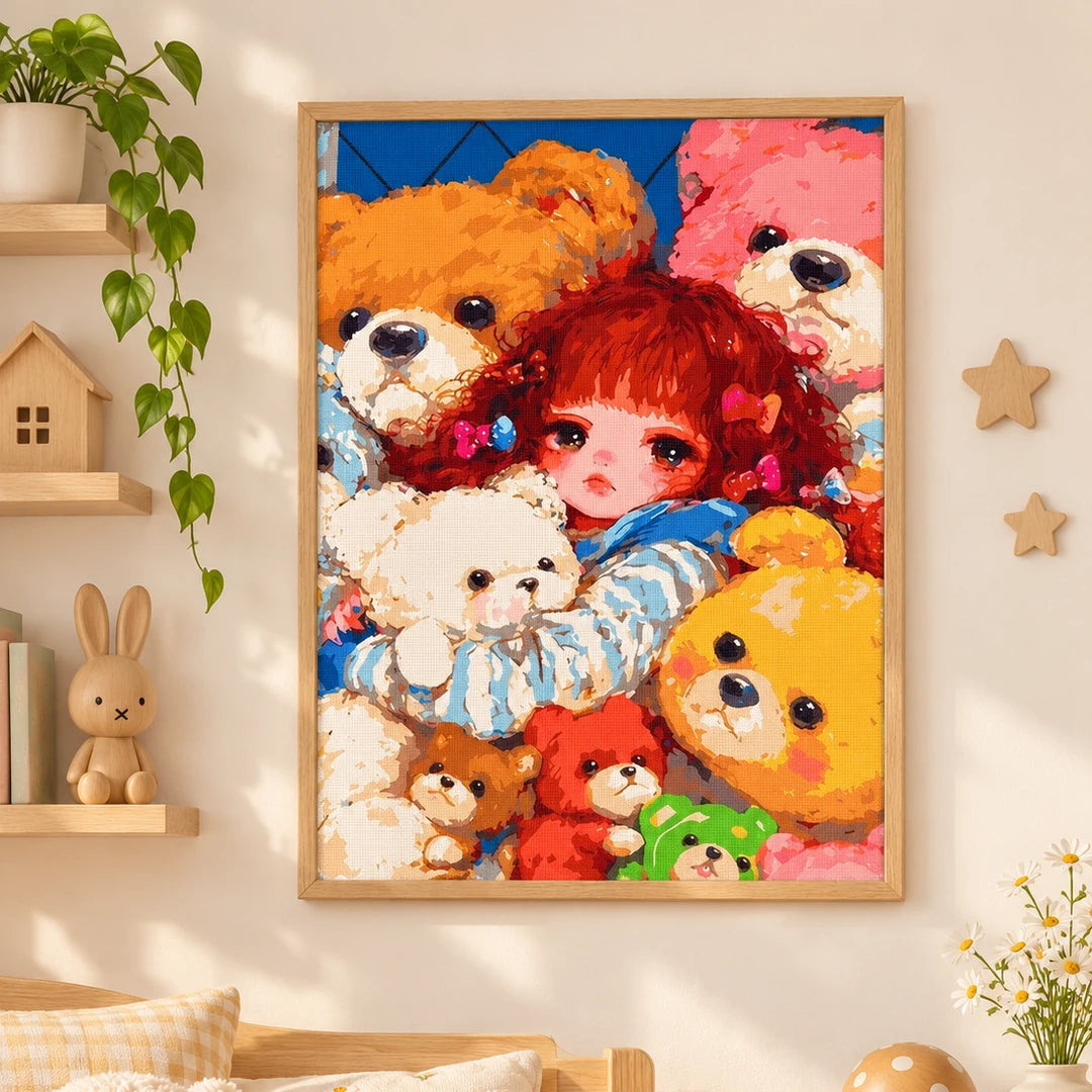 Girl among teddy bears diamond painting displayed as nursery decor