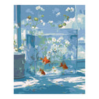 Original artwork for Glass Aquarium Reflections Diamond Painting Kit, showing orange goldfish among aquarium plants and blue reflections.