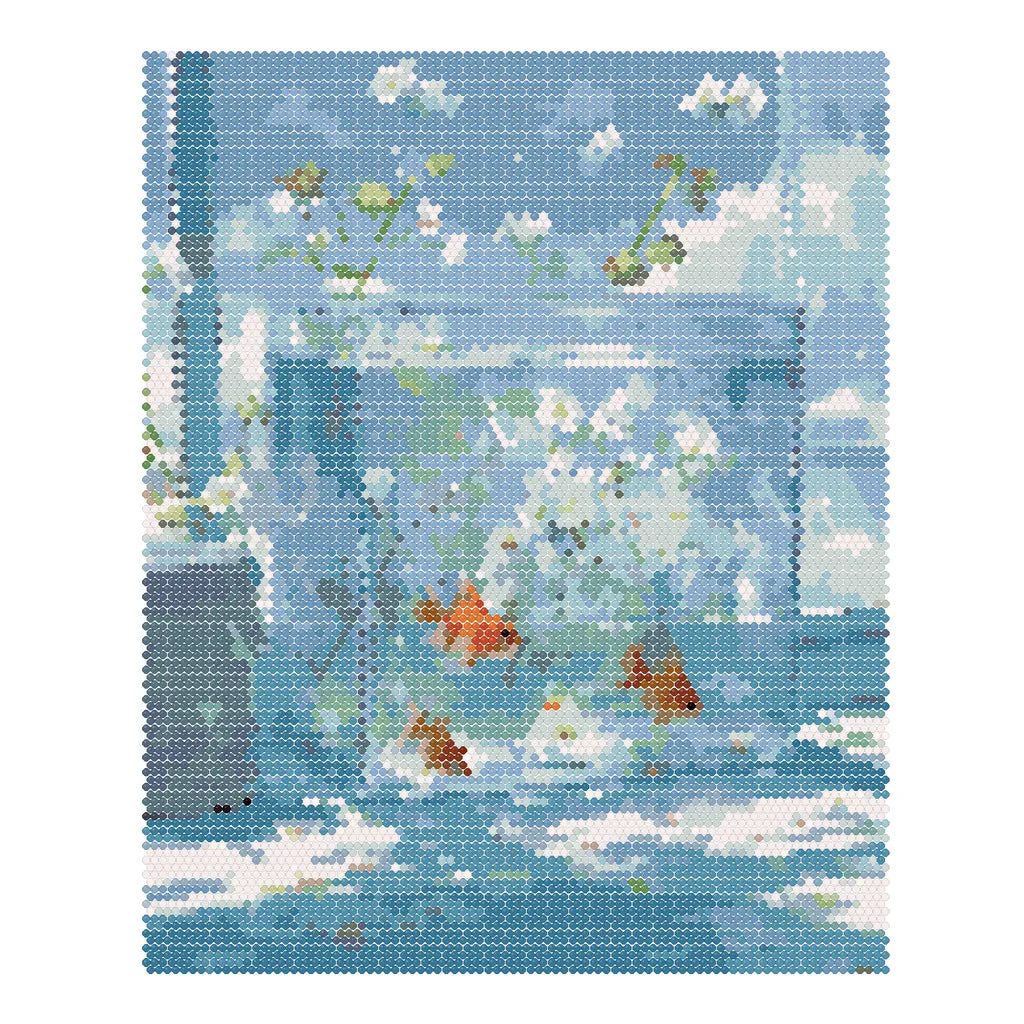 Finished diamond painting of orange goldfish among aquarium plants and blue reflections.