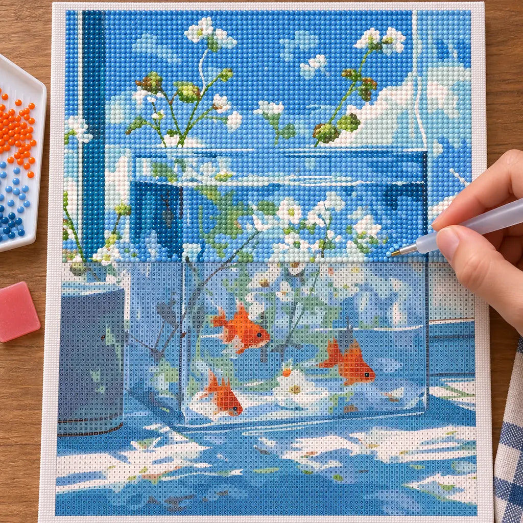 Diamond painting process for Glass Aquarium Reflections, showing drills being placed over orange goldfish among aquarium plants and blue reflections.