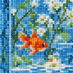 Close-up of drill texture and color in orange goldfish among aquarium plants and blue reflections.