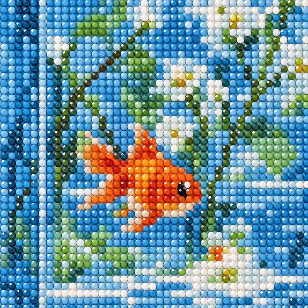 Close-up of drill texture and color in orange goldfish among aquarium plants and blue reflections.
