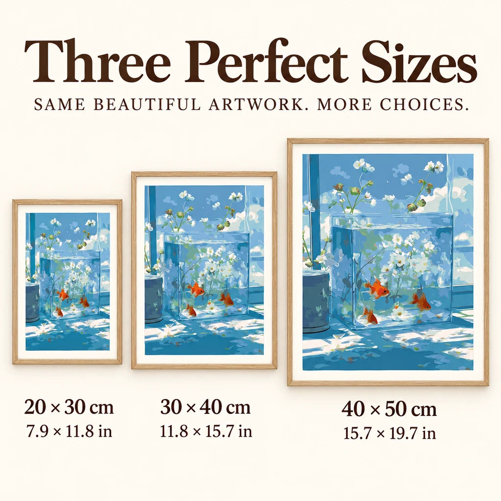 Size guide for Glass Aquarium Reflections: 20 × 30 cm, 30 × 40 cm, and 40 × 50 cm.