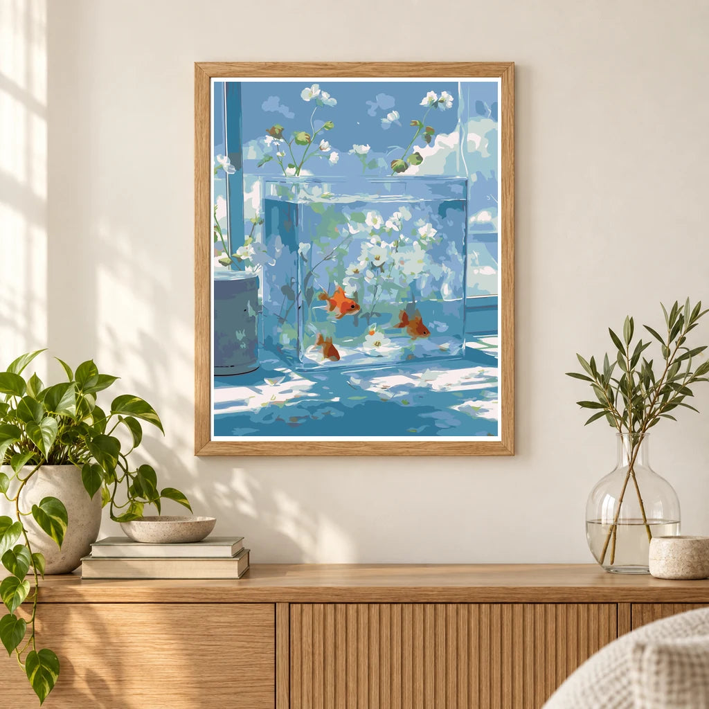 Home decor scene showing Glass Aquarium Reflections artwork displayed on a wall.