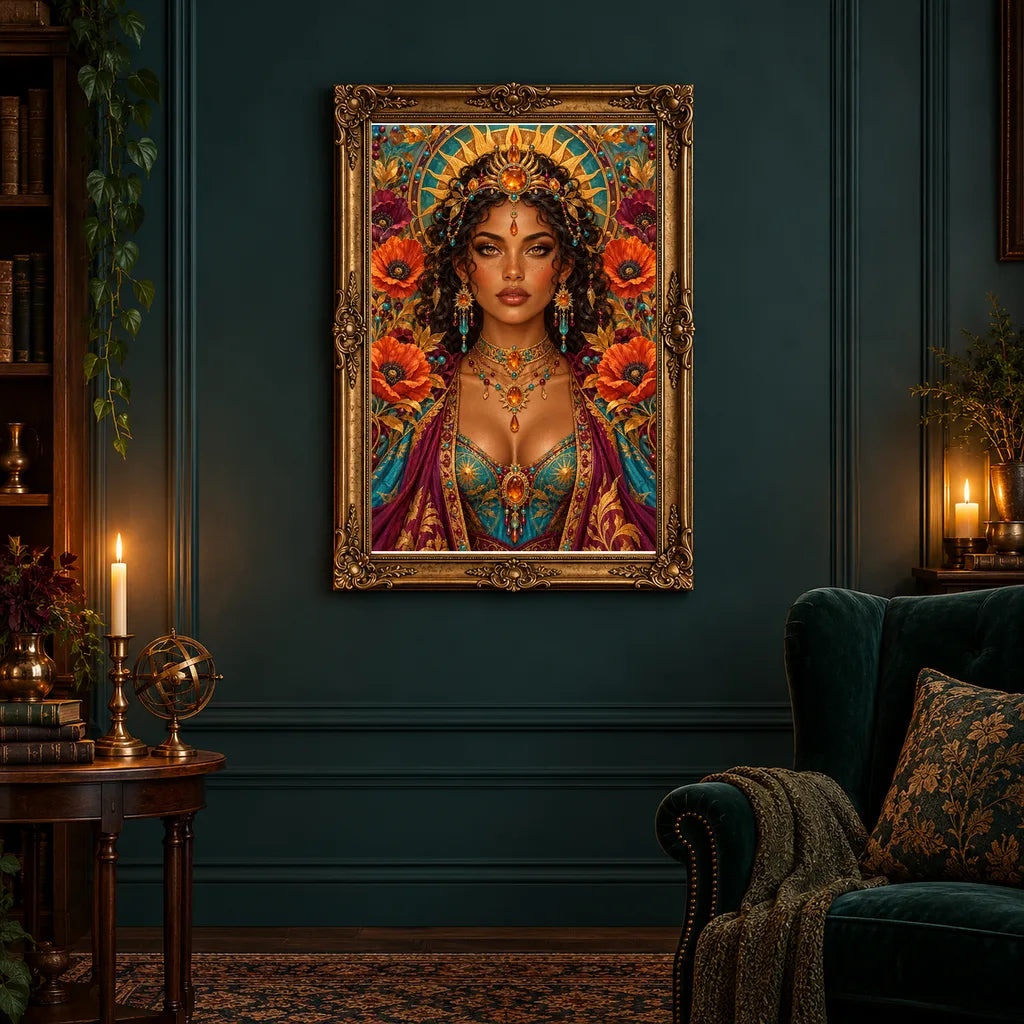 Framed Glass Desert Sun Keeper diamond painting displayed in a home interior