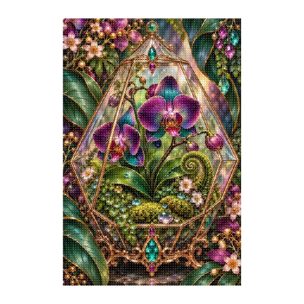 Finished white-background diamond painting of Glass Terrarium Orchid