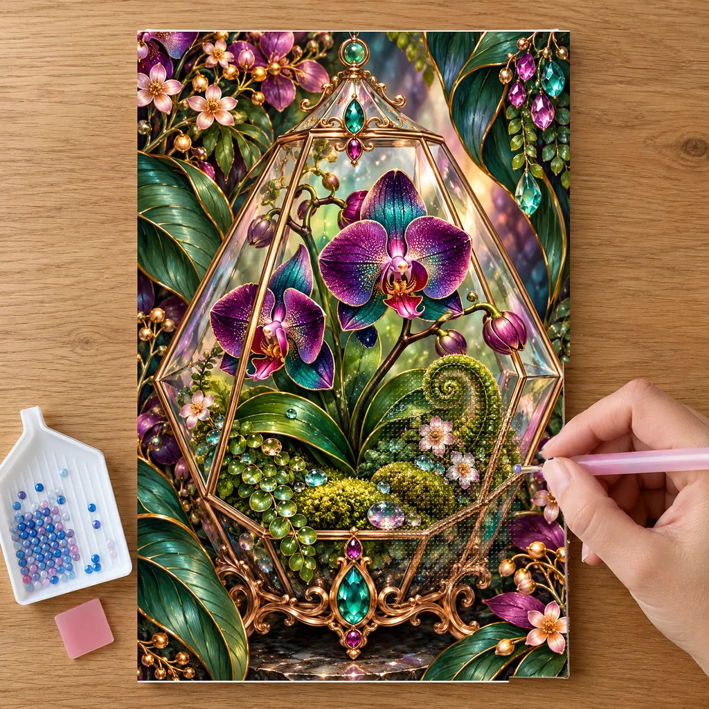 Hands placing drills on the Glass Terrarium Orchid diamond painting canvas
