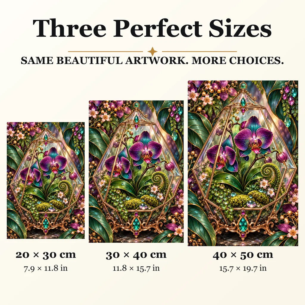 Glass Terrarium Orchid diamond painting in 20 by 30, 30 by 40, and 40 by 50 centimeter sizes