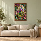Framed Glass Terrarium Orchid diamond painting displayed in a home interior