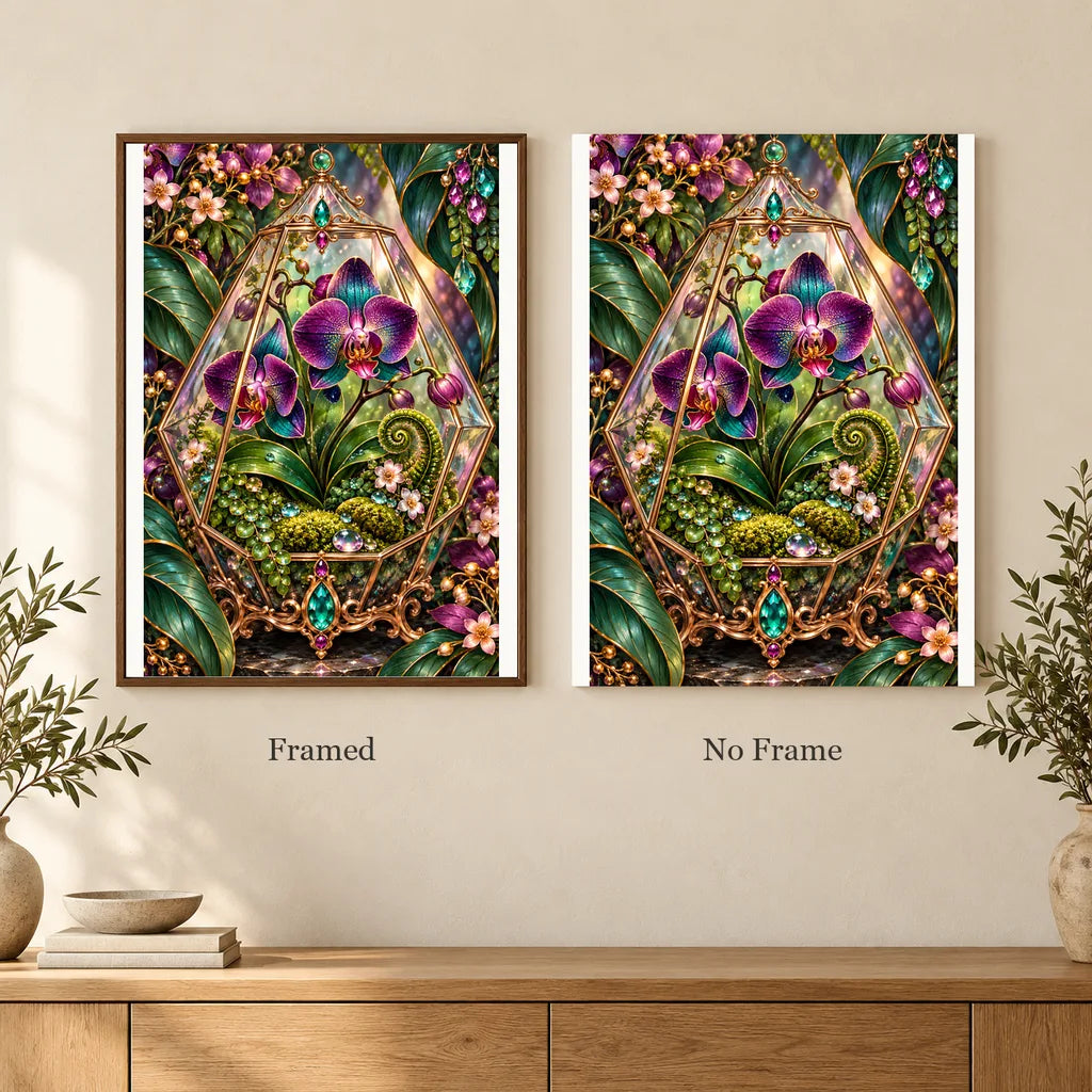 Framed and no-frame options for the Glass Terrarium Orchid diamond painting