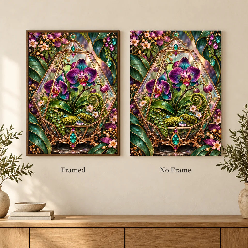 Framed and no-frame options for the Glass Terrarium Orchid diamond painting