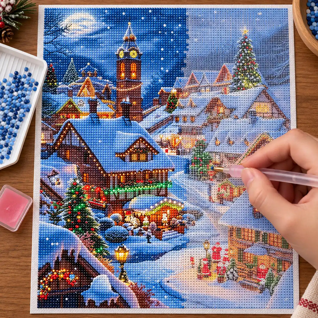 Diamond painting process for Glow Over The Snowy Village Diamond Painting Kit