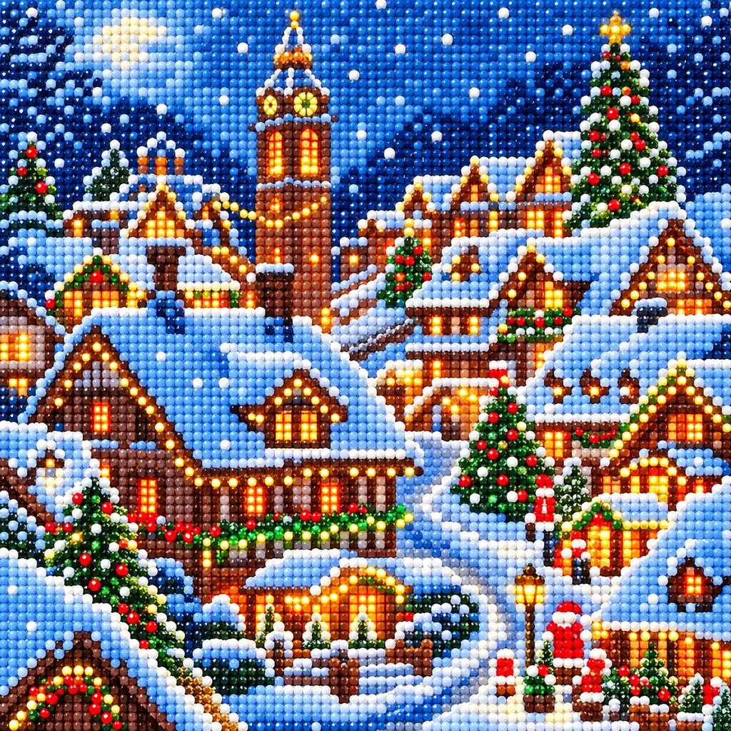 Diamond detail for Glow Over The Snowy Village Diamond Painting Kit