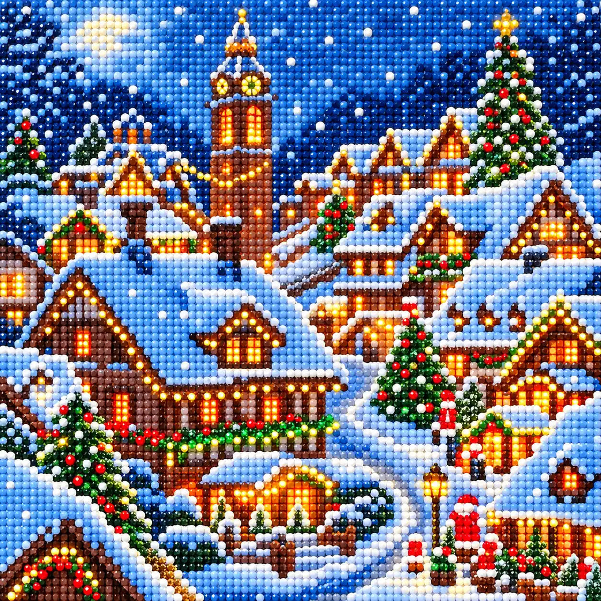 Diamond detail for Glow Over The Snowy Village Diamond Painting Kit