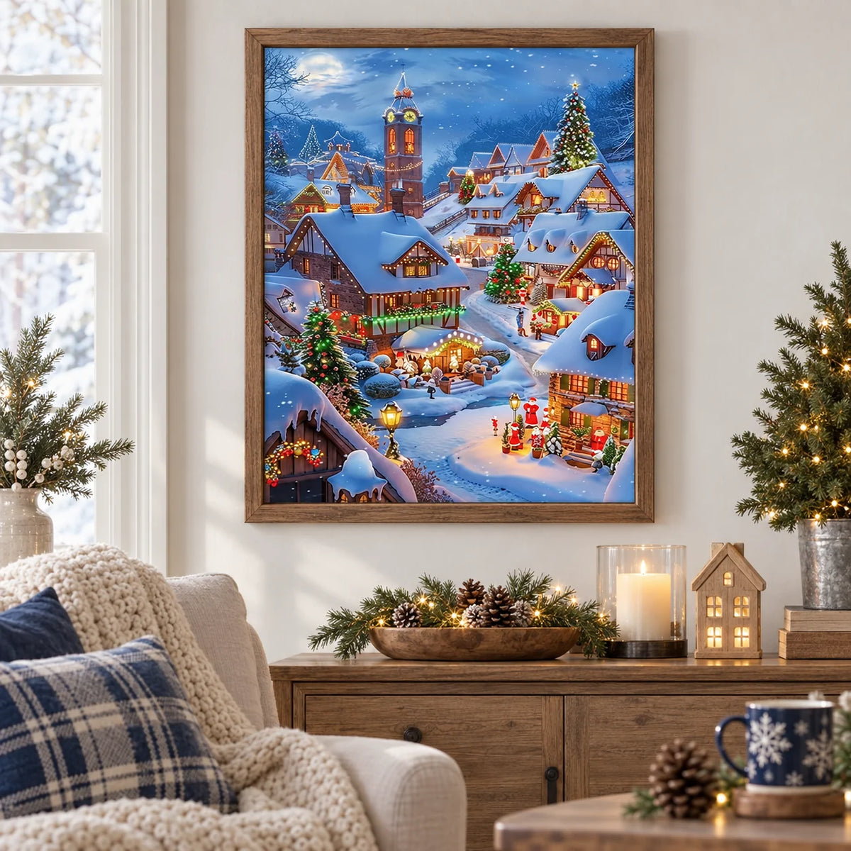 Home decor scene for Glow Over The Snowy Village Diamond Painting Kit