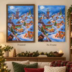 Framed and no-frame comparison for Glow Over The Snowy Village Diamond Painting Kit