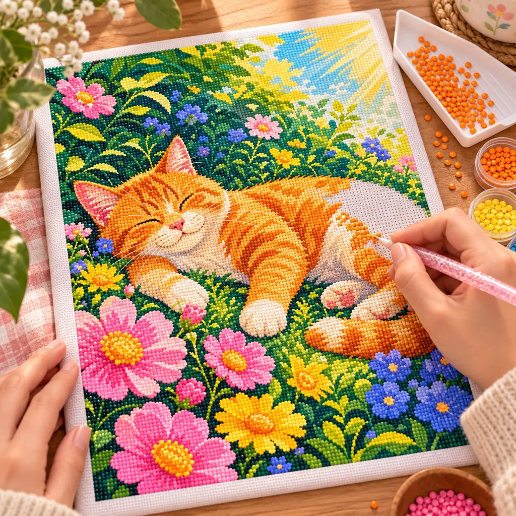 Diamond painting process for Golden Afternoon Nap Diamond Painting Kit