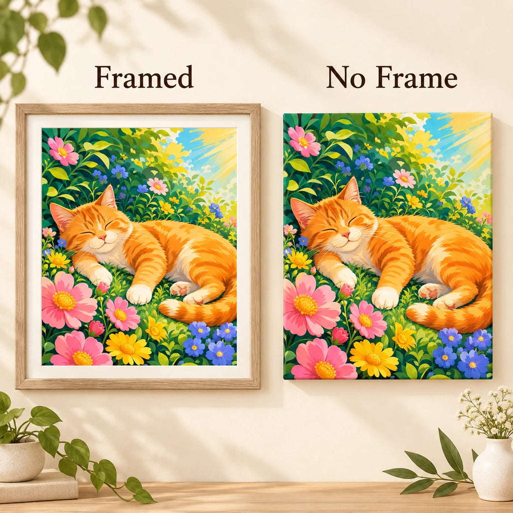 Framed and no-frame comparison for Golden Afternoon Nap Diamond Painting Kit