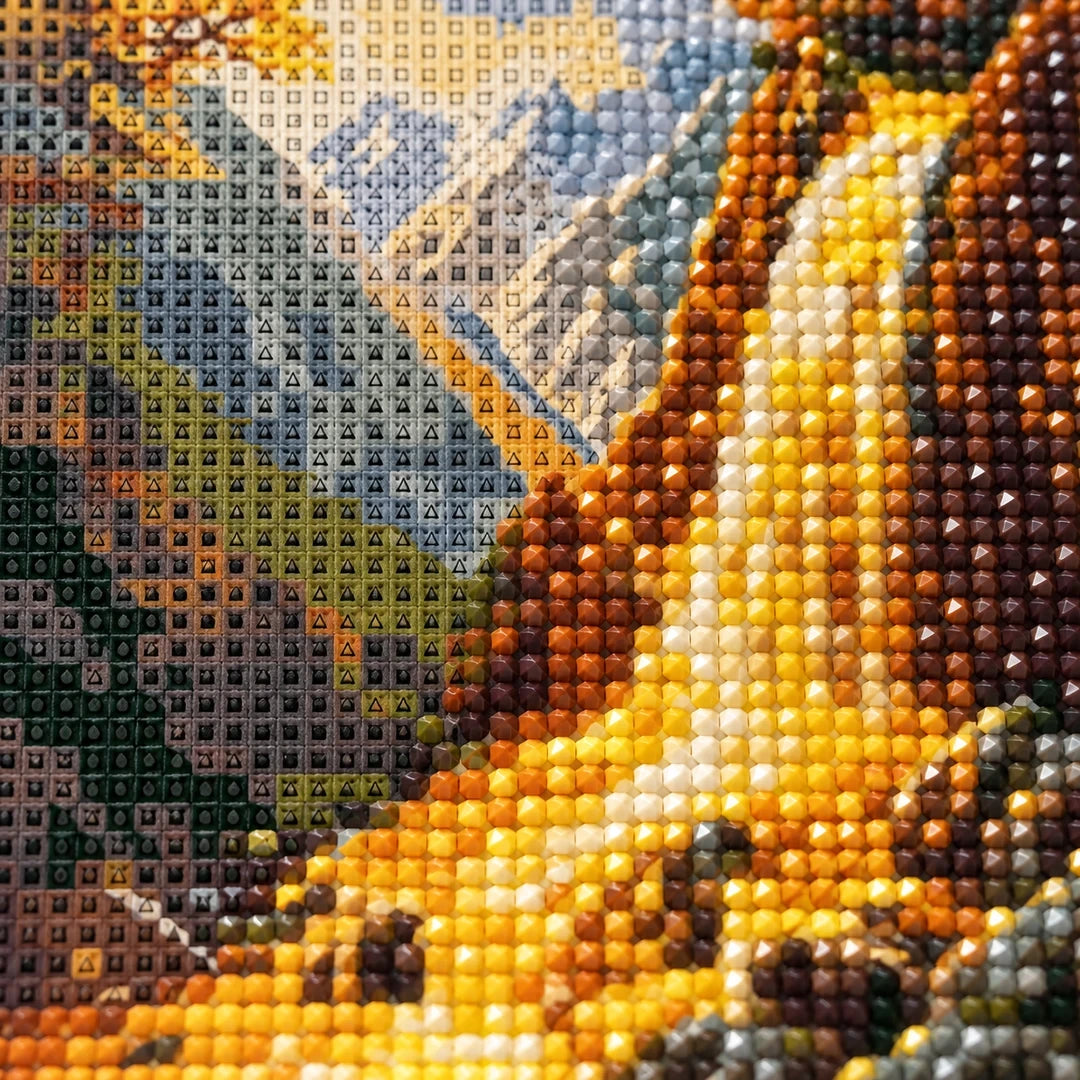 Golden Autumn Waterfall Diamond Painting Kit diamond and canvas detail