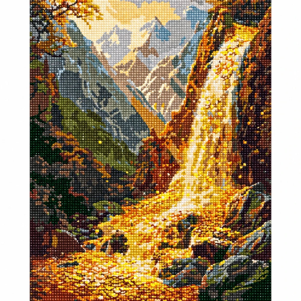 Golden Autumn Waterfall Diamond Painting Kit finished diamond artwork on white background