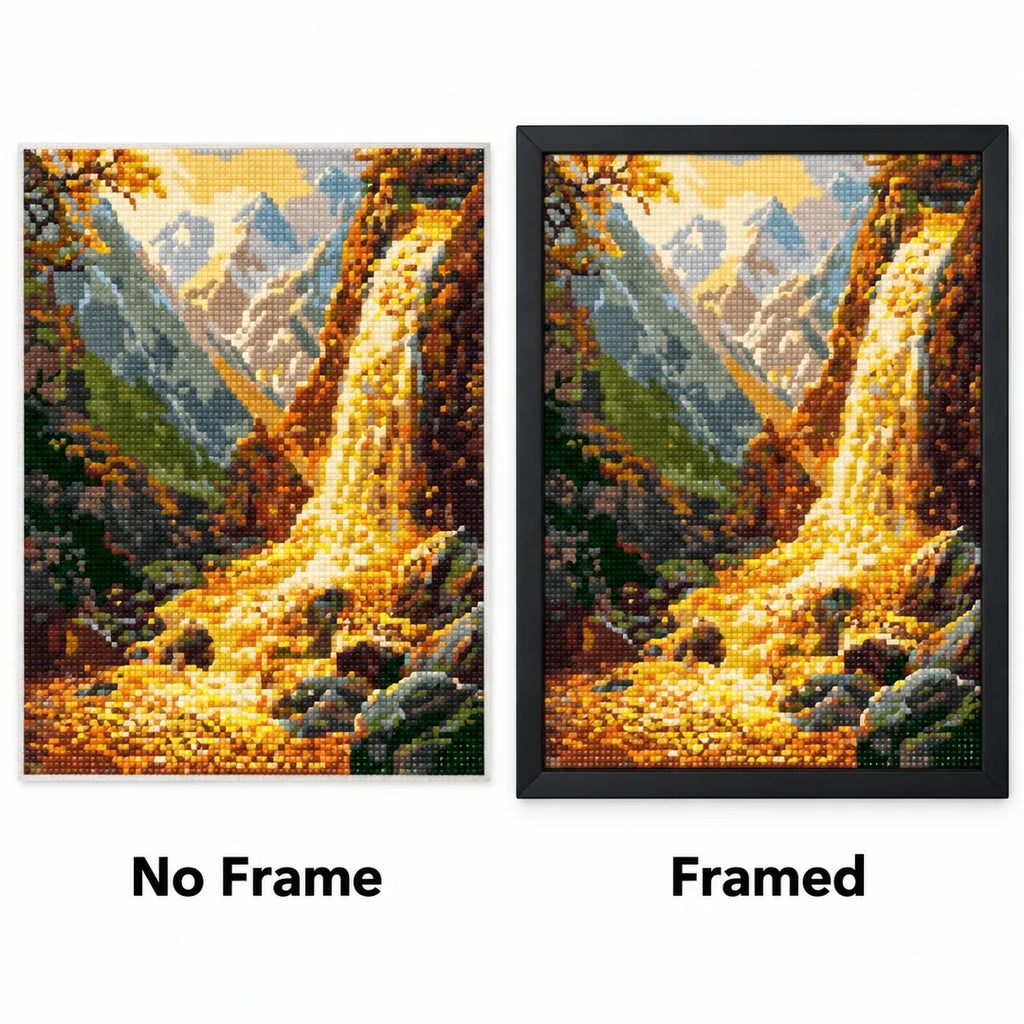 Golden Autumn Waterfall Diamond Painting Kit No Frame and Framed comparison