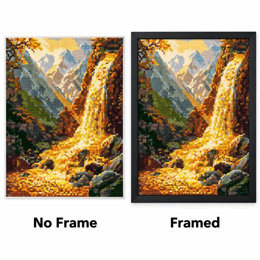 Golden Autumn Waterfall Diamond Painting Kit No Frame and Framed comparison