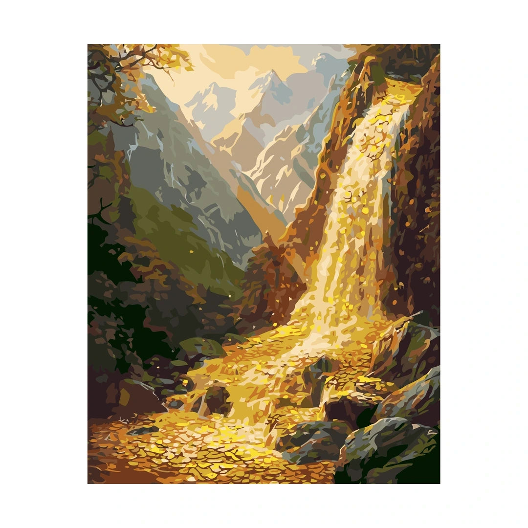 Golden Autumn Waterfall Diamond Painting Kit original artwork on white background