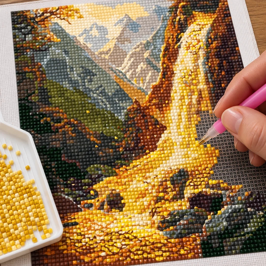Golden Autumn Waterfall Diamond Painting Kit diamond placement process