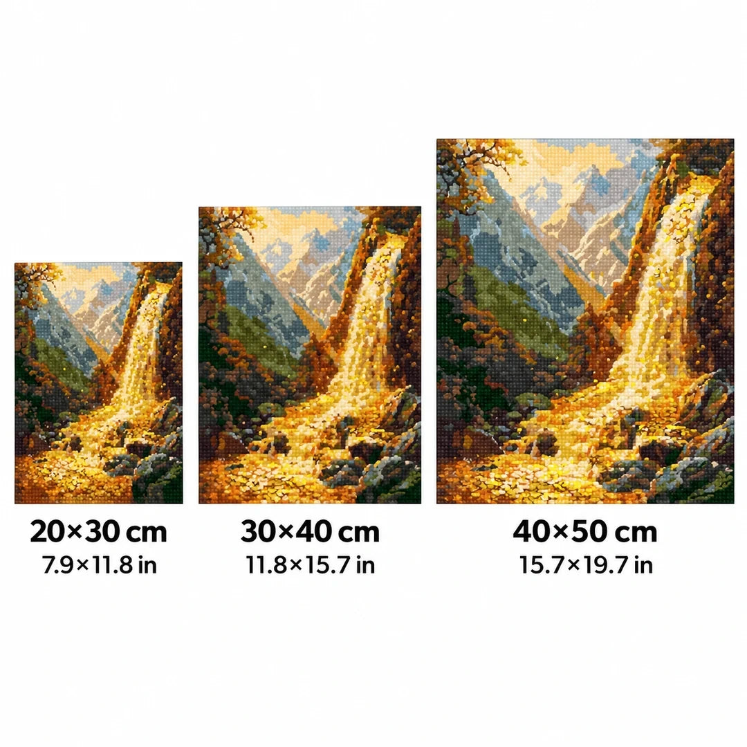 Golden Autumn Waterfall Diamond Painting Kit size guide