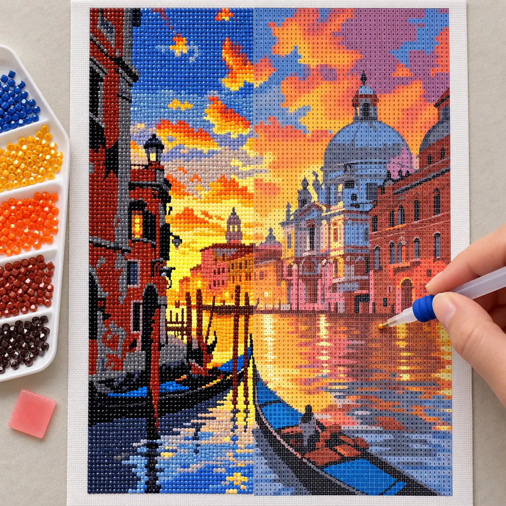 Diamond painting process for Golden Canal Evening