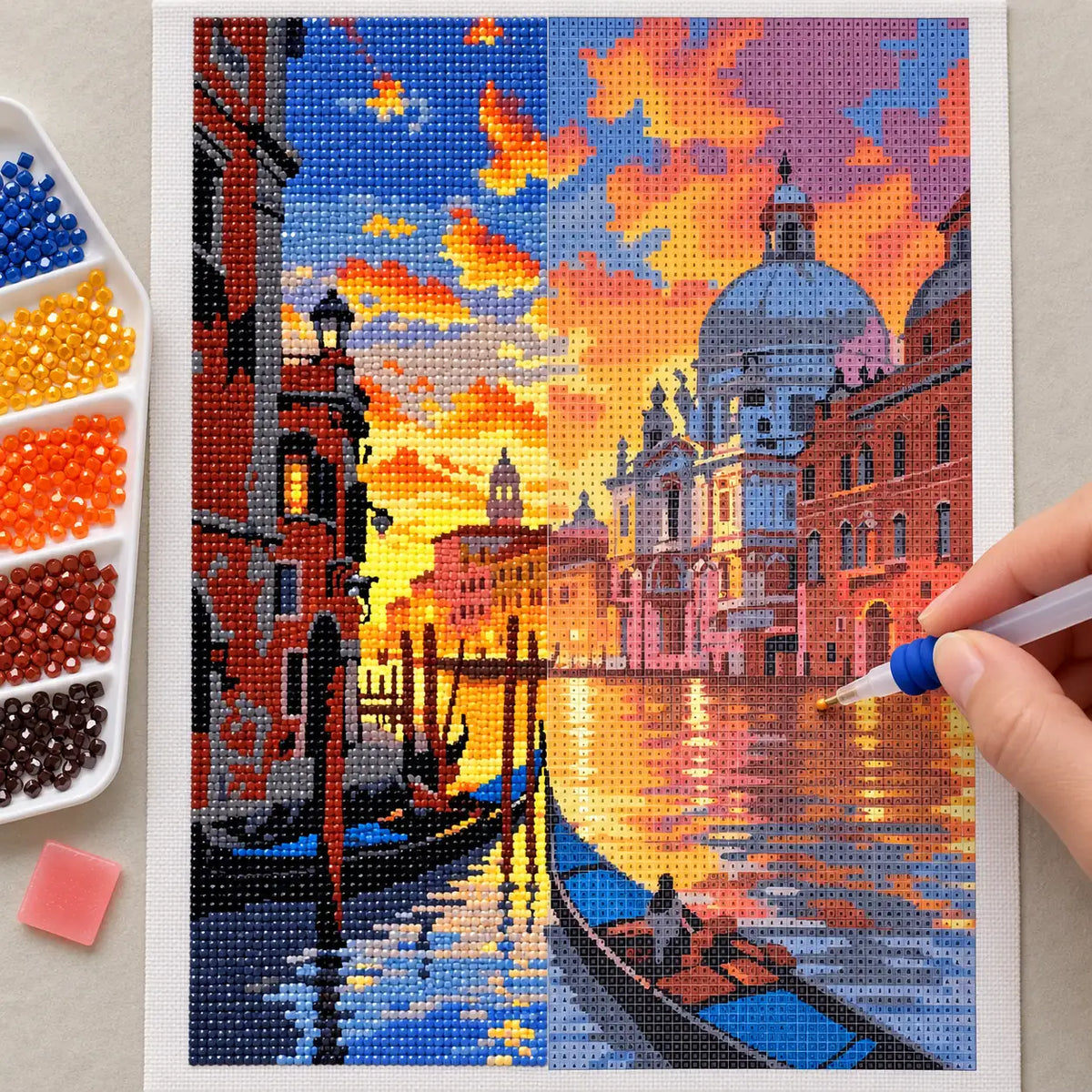 Diamond painting process for Golden Canal Evening
