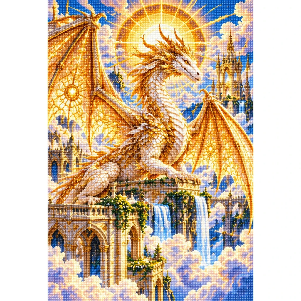 Golden Celestial Dragon Sun Temple — finished diamond painting on a white background